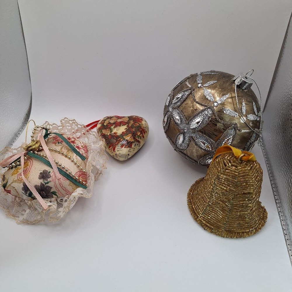 Lot of 4 Vintage Ornaments Beaded Bel1 Fabric Handmade Heart Decoupage Heart